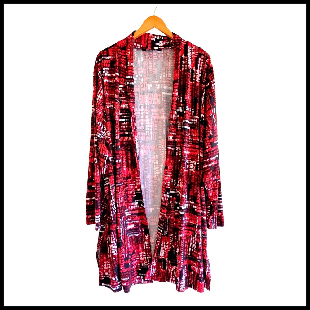 Ulla‎ Popken Womens Plus 28/30 Red Black Abstract Geometric Open Front Cardigan